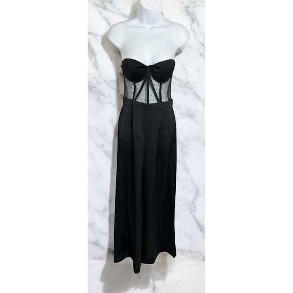 Shein Black Strapless Jumpsuit Sz XS Wide Leg Pant Corset Mesh Top One Piece - Picture 1 of 7